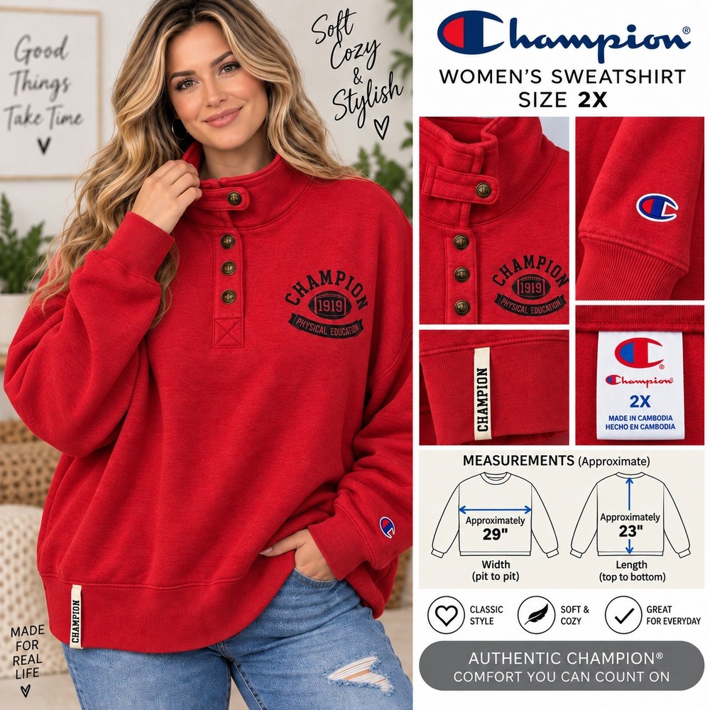 Champion Women's Fleece Quarter-Button Sweatshirt Crop Size 2X Red New